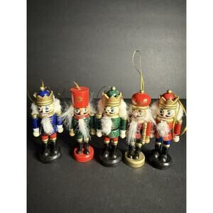 Vintage Wooden Toy Soldier Nutcracker Christmas Tree Ornaments Set(5) 4” Holiday